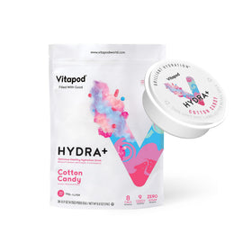 Vitapod Hydra+ Cotton Candy pod close-up highlighting sugar-free hydration with vitamins and minerals.