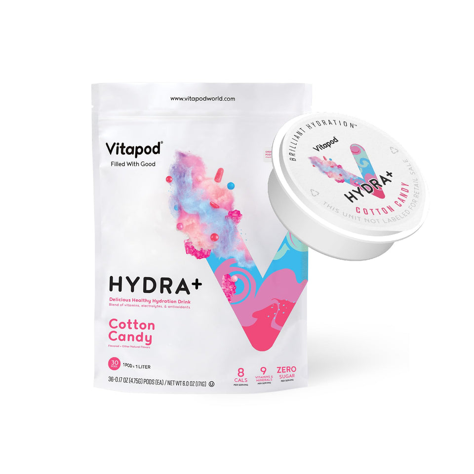 Vitapod Hydra+ Cotton Candy pod close-up highlighting sugar-free hydration with vitamins and minerals.