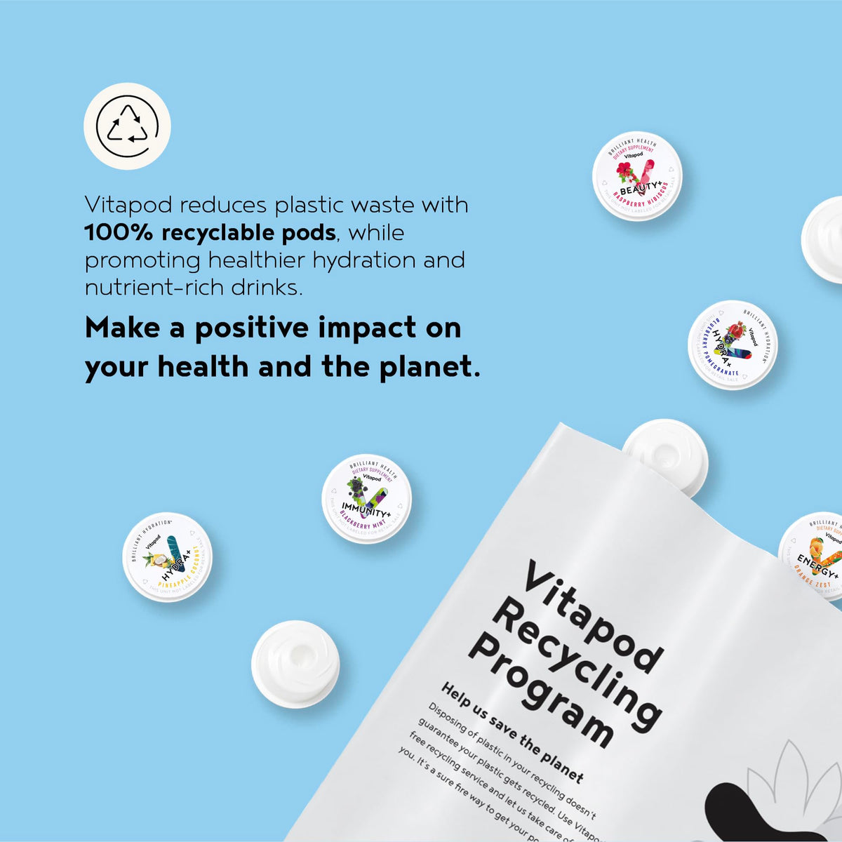 Vitapod Hydra+ Cotton Candy powder-dispense illustrates rapid mixing with zero sugar.