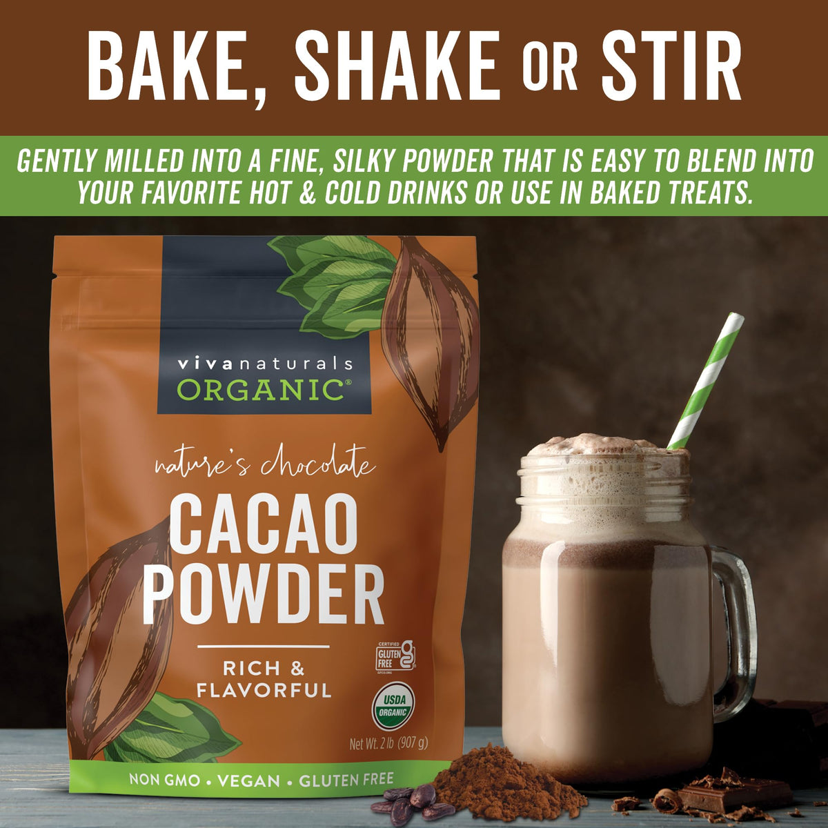 Close-up of fine texture cacao powder for smoothies and baking