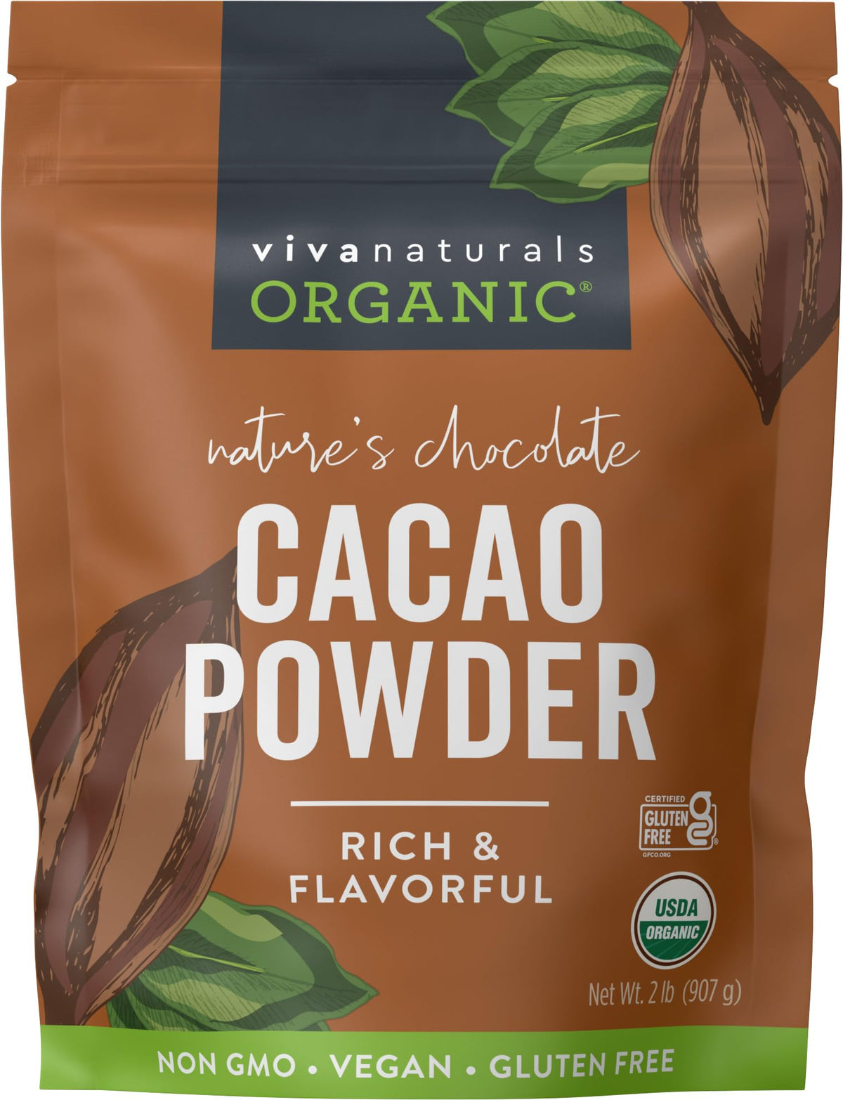 Viva Naturals Organic Cacao Powder front label for baking