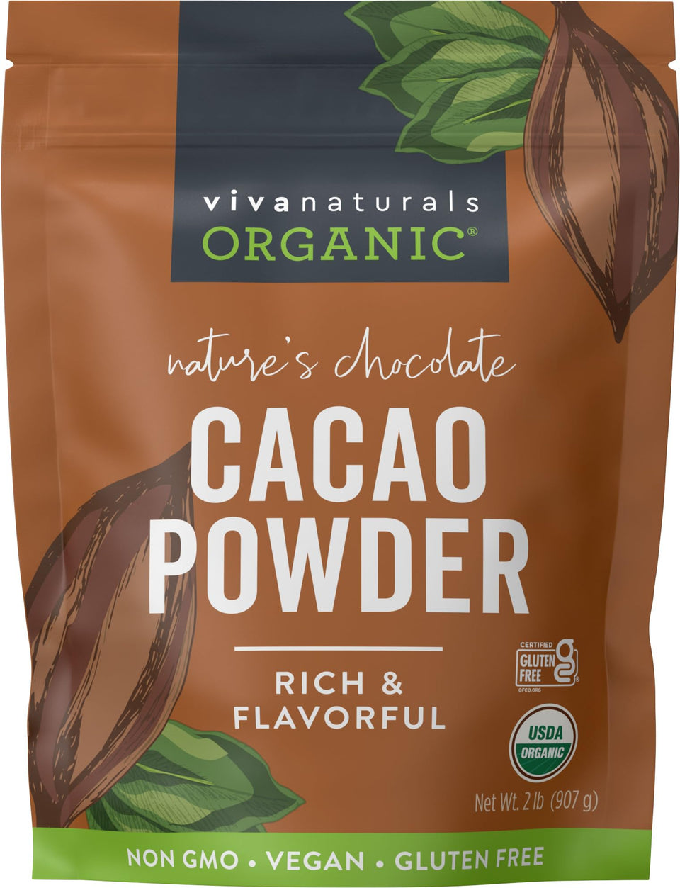 Viva Naturals Organic Cacao Powder front label for baking