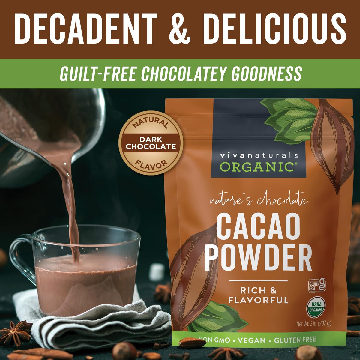 Viva Naturals cacao powder scoop in bag for easy measuring