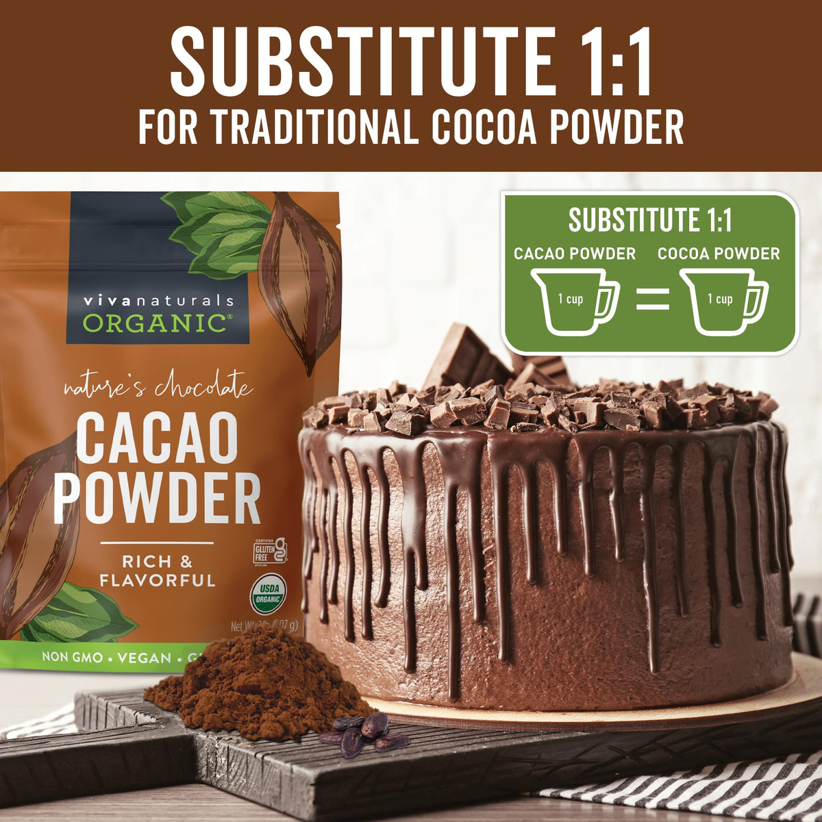 Viva Naturals cacao powder in smoothie for rich flavor