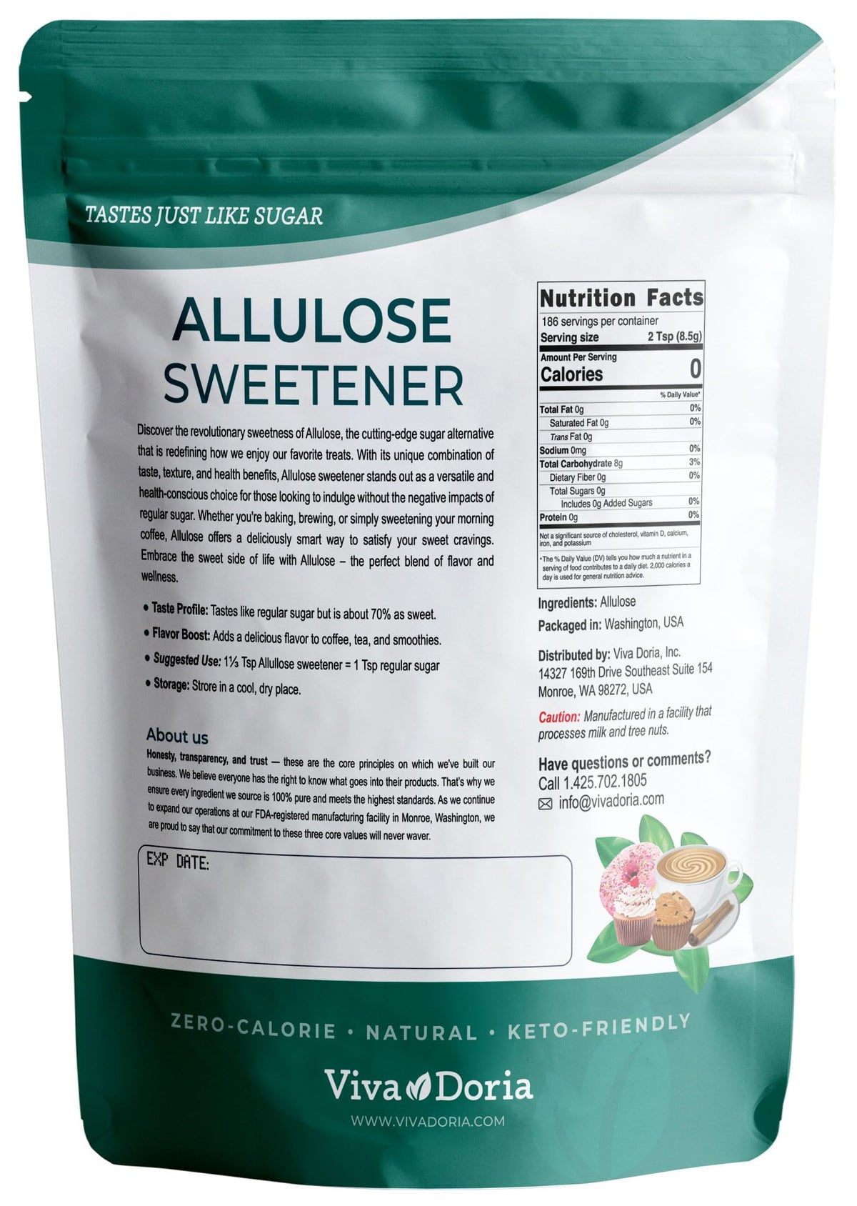 Viva Doria Allulose Sweetener pack showcases versatile baking and cooking.