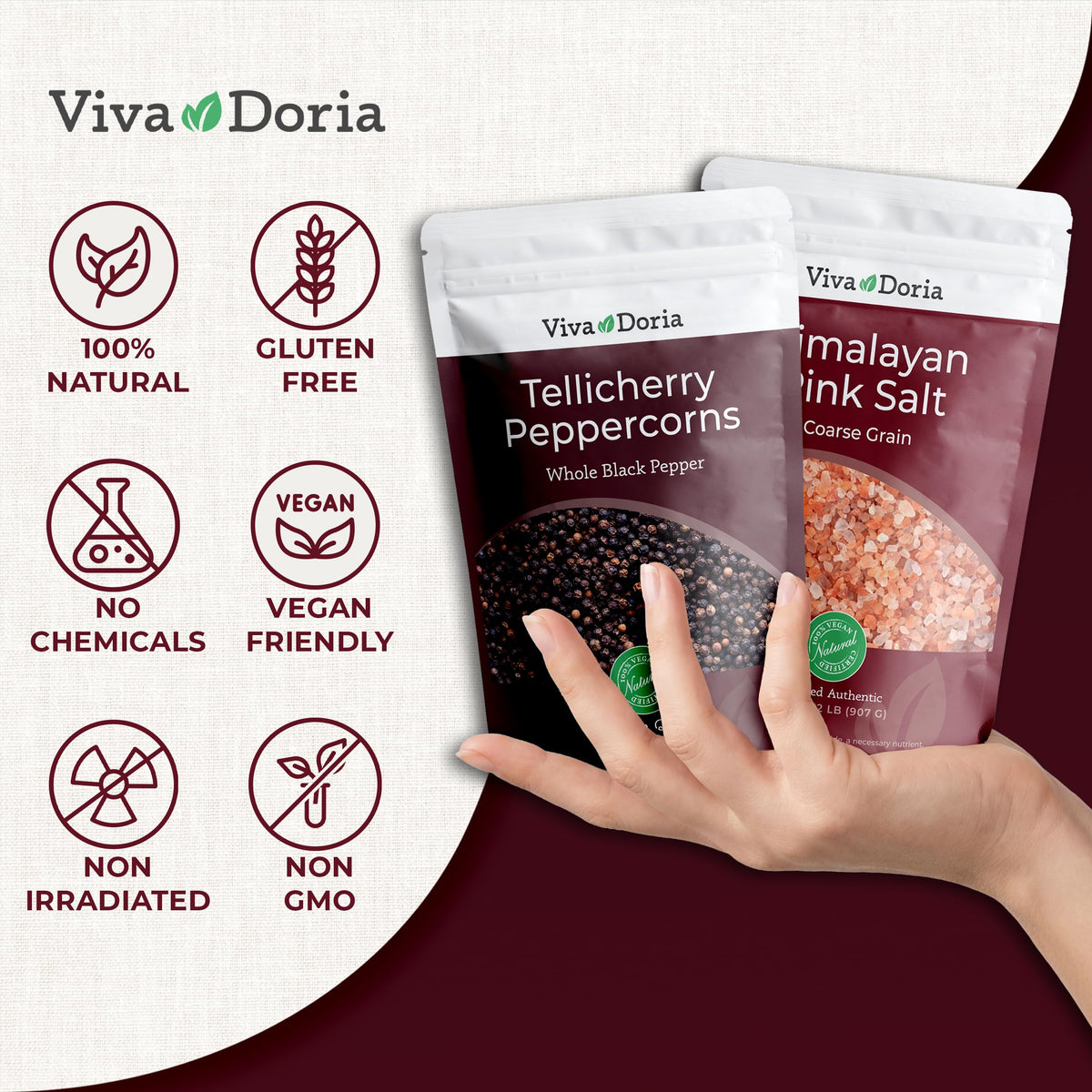 Viva Doria peppercorns designed for easy grinder refills.