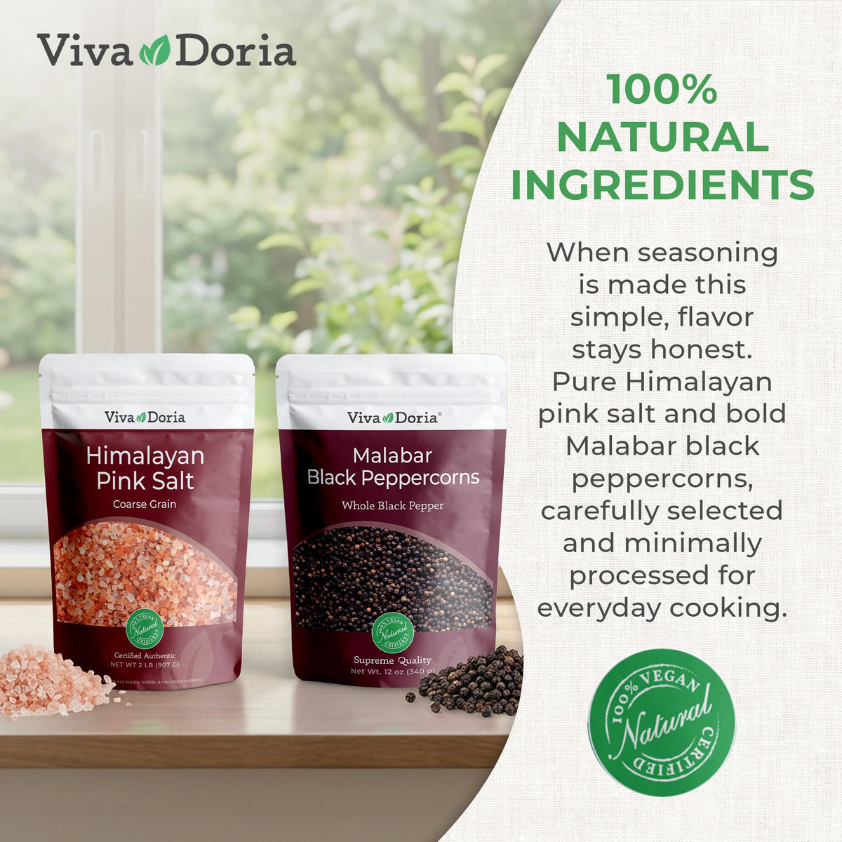 Viva Doria grinder refill pouches keep spices ready in the kitchen.