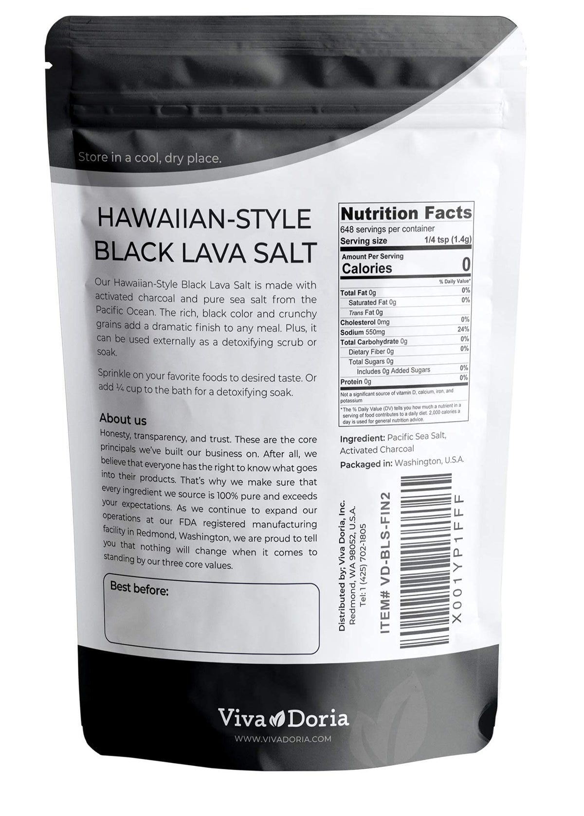 Viva Doria Hawaiian Black Lava Sea Salt crystal close-up highlights smoky earthy flavor