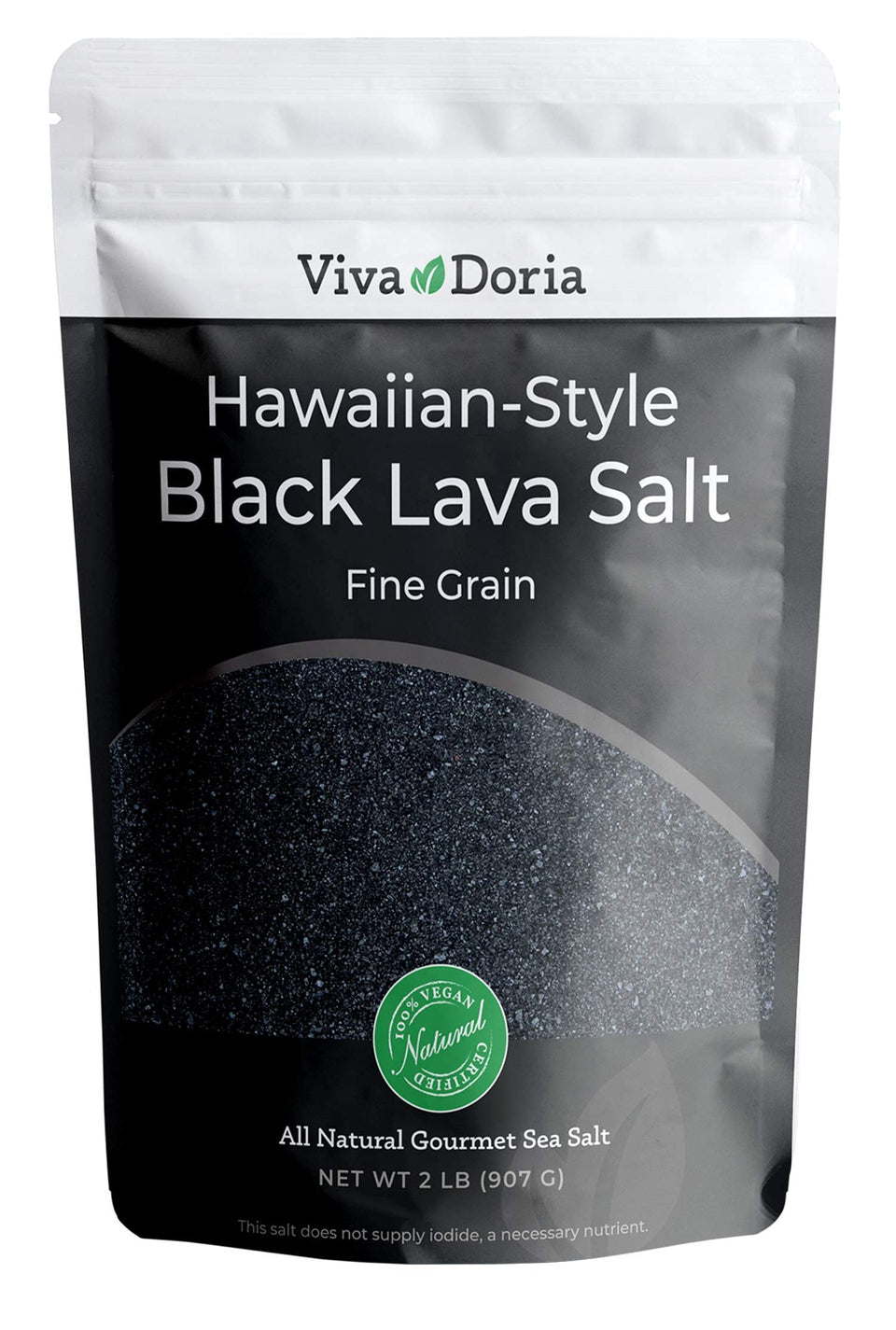 Viva Doria Hawaiian Black Lava Sea Salt packaging shows a resealable pouch for freshness