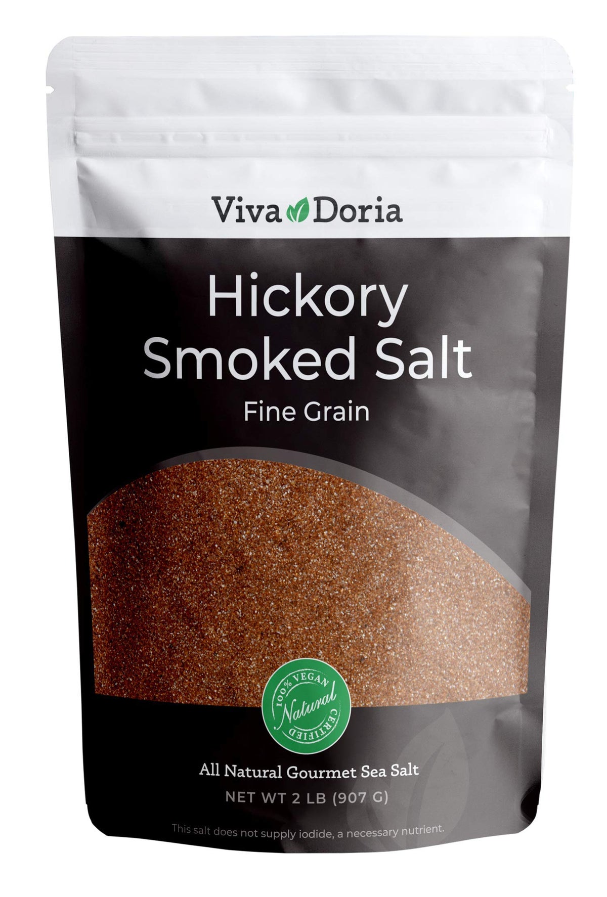 Viva Doria Hickorywood smoked sea salt bottle highlighting robust smoky aroma for grilled dishes