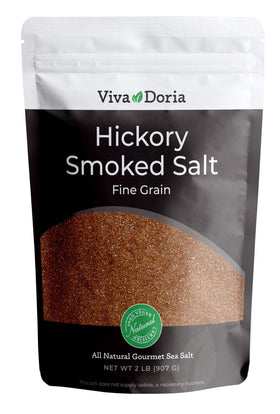 Viva Doria Hickorywood smoked sea salt bottle highlighting robust smoky aroma for grilled dishes