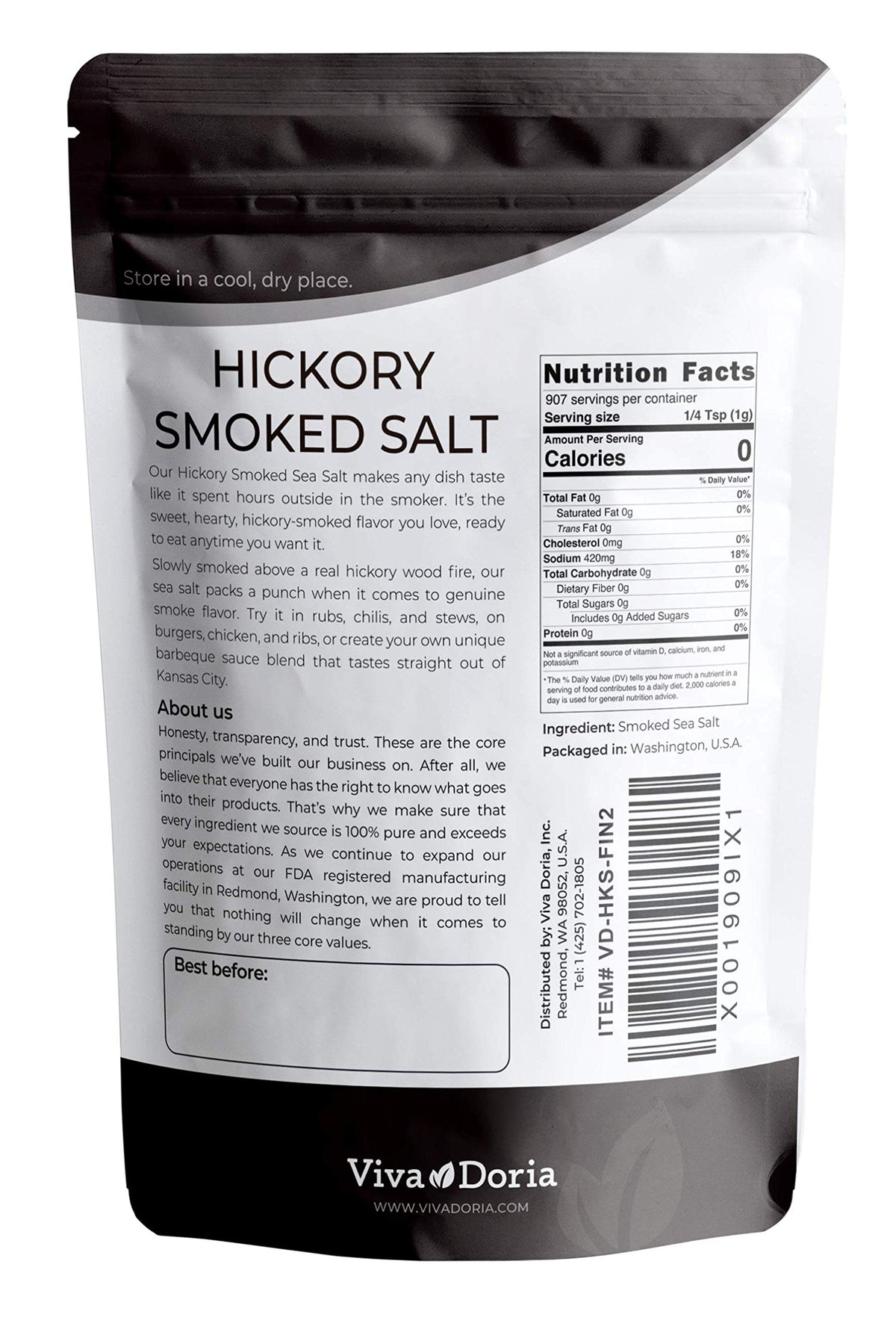 Viva Doria Hickorywood smoked sea salt close-up showing fine grains for seasoning roasts