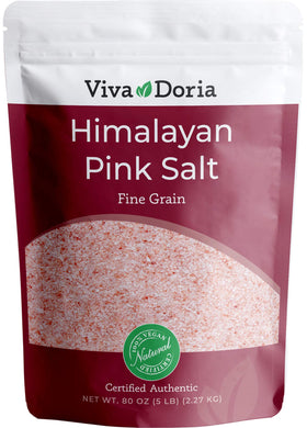 Viva Doria Himalayan Pink Salt fine-grain bag highlights mineral-rich quality for versatile seasoning.