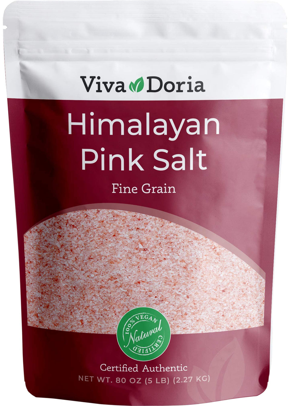 Viva Doria Himalayan Pink Salt fine-grain bag highlights mineral-rich quality for versatile seasoning.