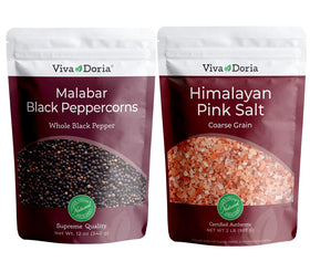 Viva Doria Malabar peppercorns—whole bottle pour for premium marinades.