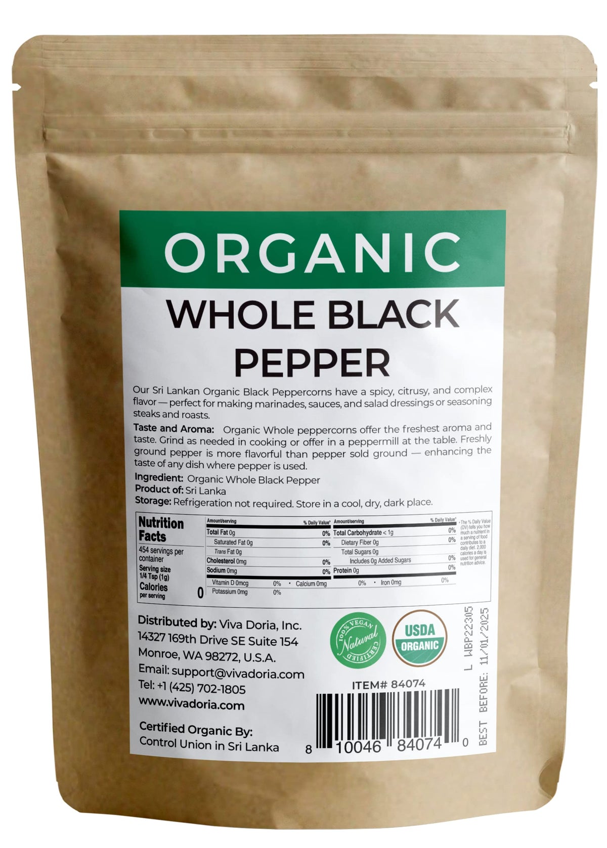 Viva Doria Organic Ceylon peppercorns in resealable pouch for lasting freshness and easy refills.