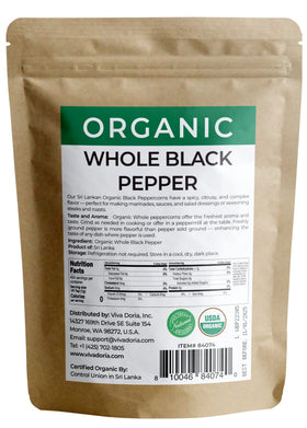 Viva Doria Organic Ceylon peppercorns in resealable pouch for lasting freshness and easy refills.
