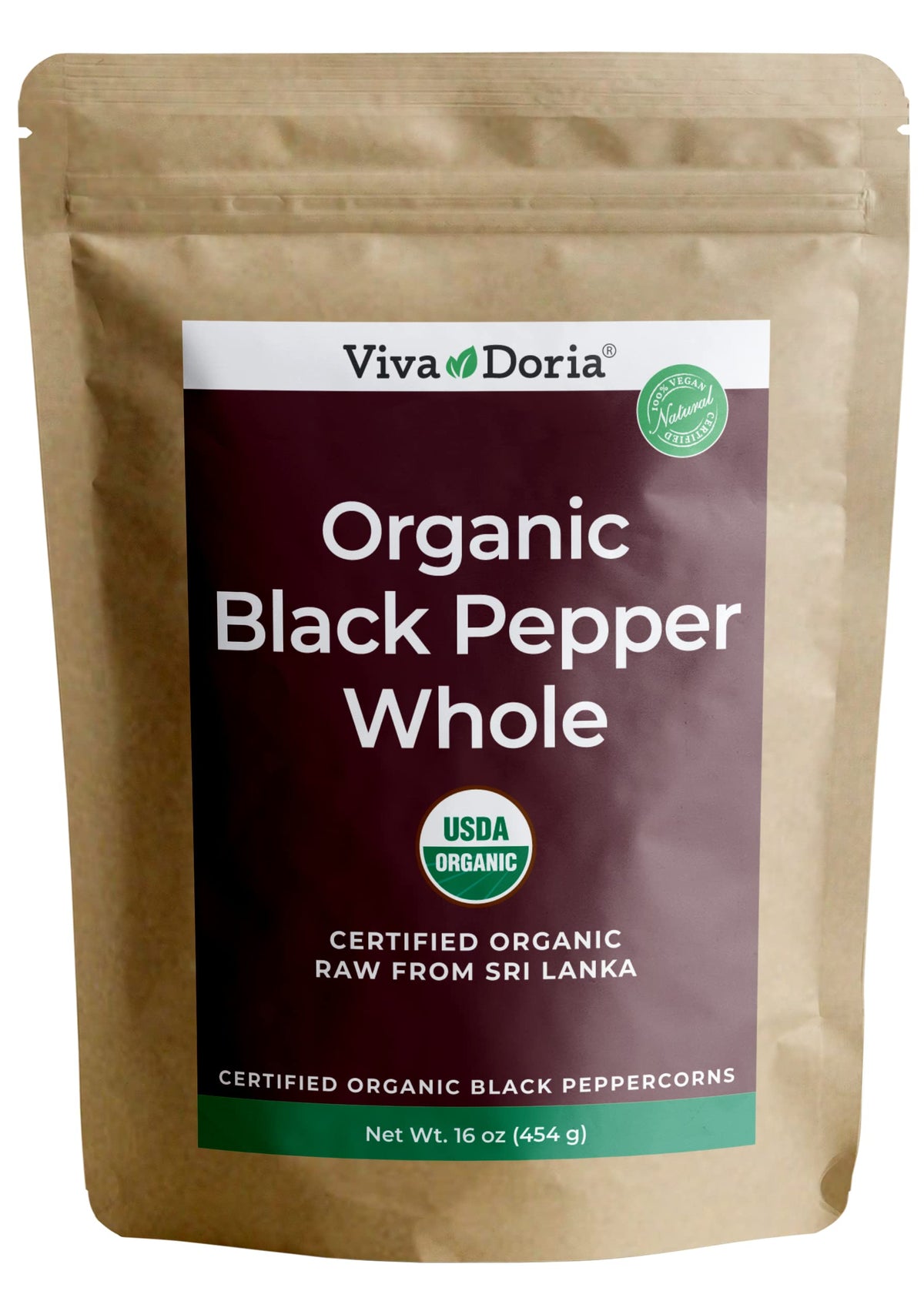 Viva Doria Organic Ceylon whole black peppercorns ready for grinding; rich aroma and flavor.