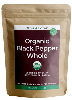 Viva Doria Organic Ceylon whole black peppercorns ready for grinding; rich aroma and flavor.
