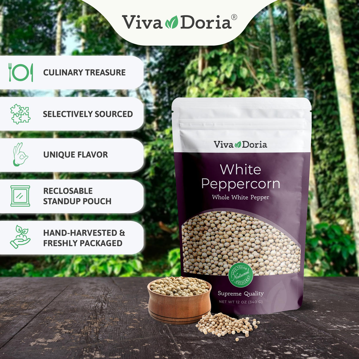 Viva Doria peppercorns in a reclosable pouch preserve aroma and freshness.