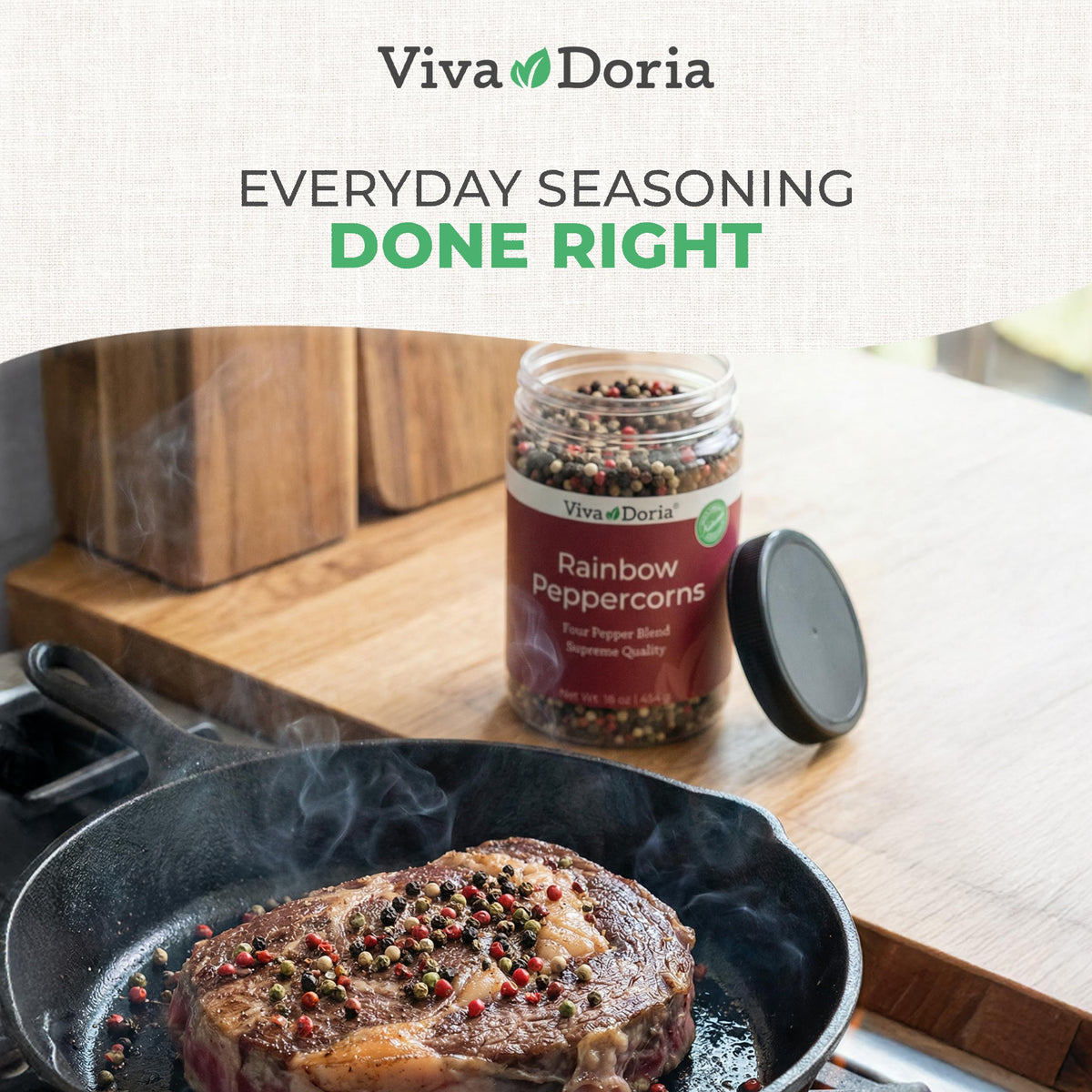 Viva Doria Rainbow Blend open jar pour for hassle-free seasoning.