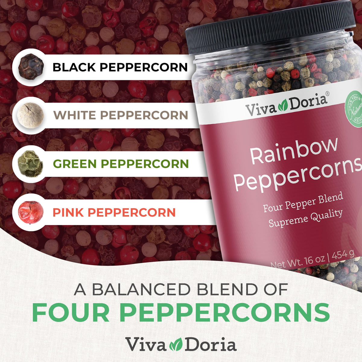 Viva Doria Rainbow Blend Peppercorn jar closeup shows colorful, aroma-rich whole peppercorns.