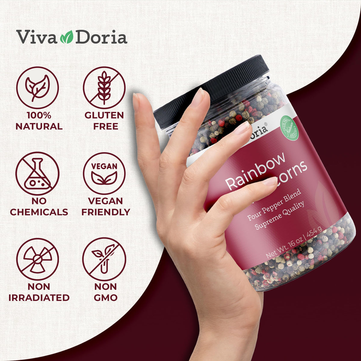 Viva Doria Rainbow Blend peppercorns in a bowl demonstrate varied flavors.