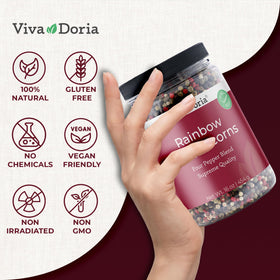 Viva Doria Rainbow Blend peppercorns in a bowl demonstrate varied flavors.