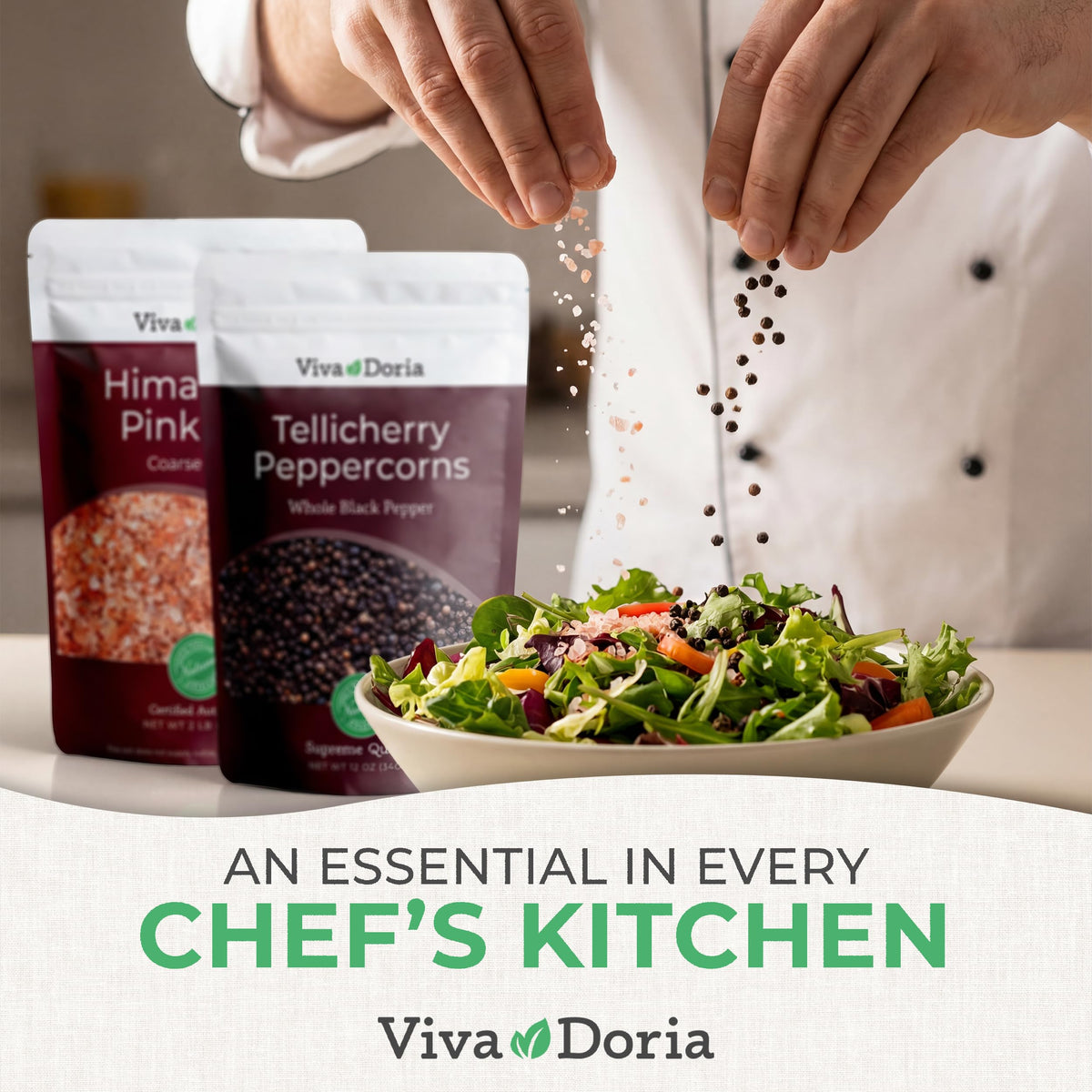Viva Doria salt and pepper set on a kitchen counter.