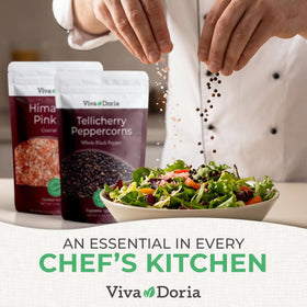 Viva Doria salt and pepper set on a kitchen counter.
