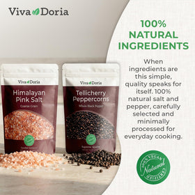 Viva Doria Himalayan pink salt and Tellicherry pepper in a resealable standup pouch.