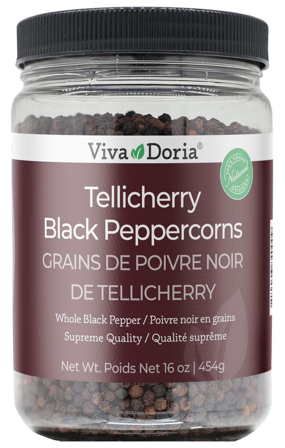 Viva Doria Tellicherry peppercorns in a bottle for fresh seasoning.