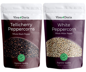 Viva Doria Tellicherry peppercorns in a bottle, ideal for elevated steaks and marinades.