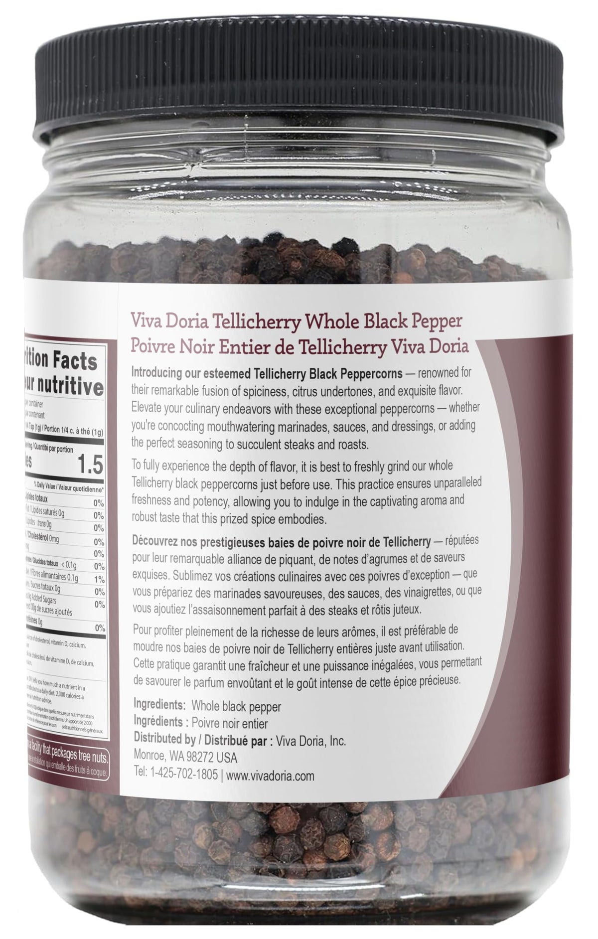 Viva Doria Tellicherry peppercorns in reclosable jar stay fragrant.