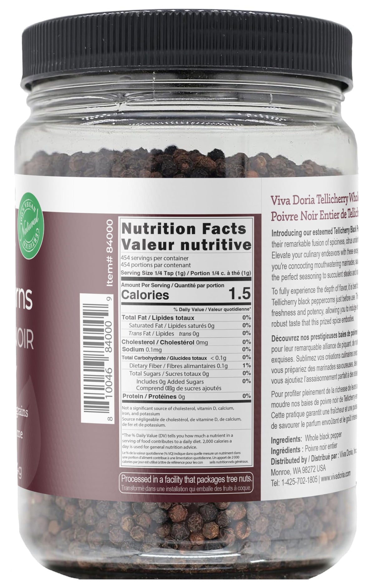 Viva Doria Tellicherry peppercorns in grinder-refill format for easy use.
