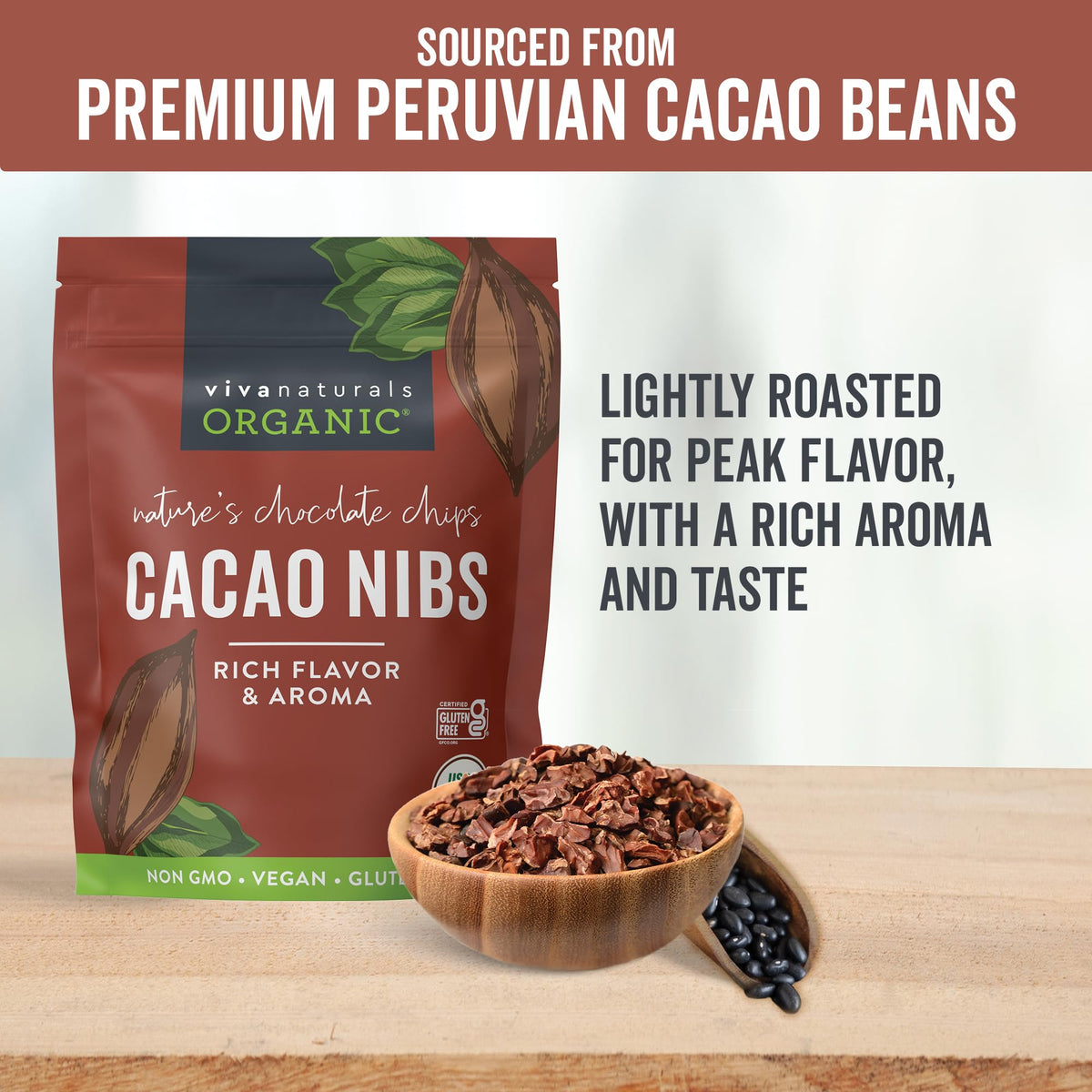 Texture close-up of Viva Naturals cacao nibs showing crunchy bits