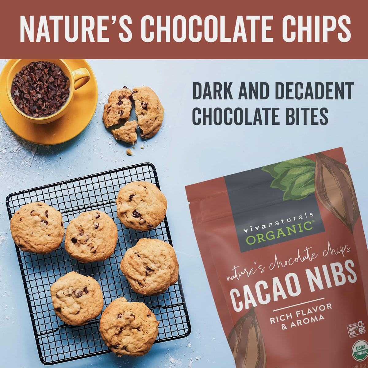 Close-up of Viva Naturals cacao nibs, roasted for rich flavor