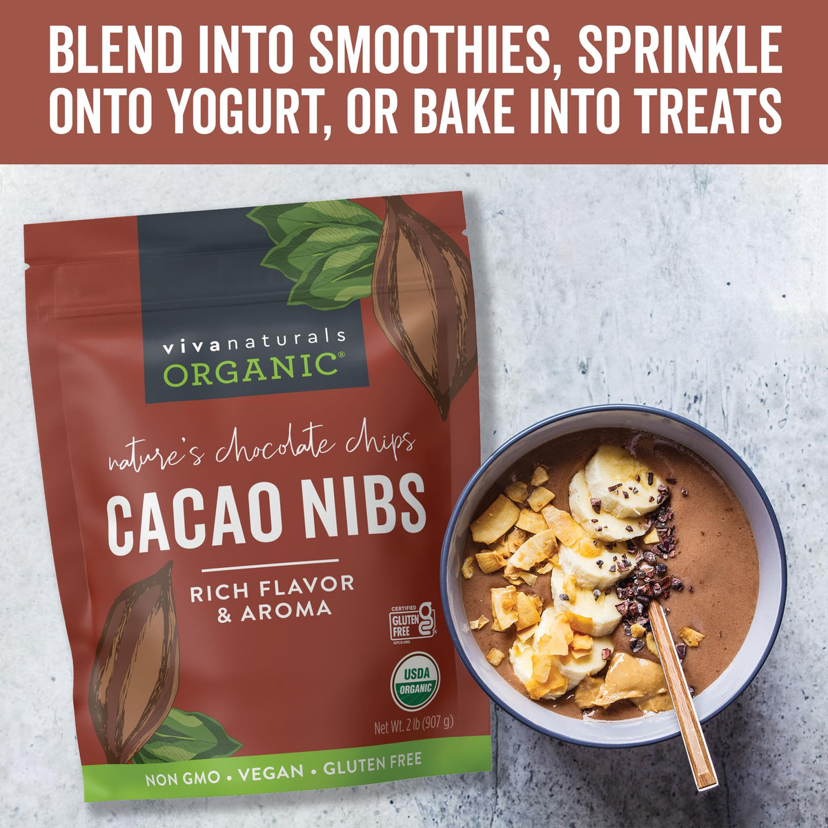 Viva Naturals cacao nibs blended into a smoothie for chocolate boost