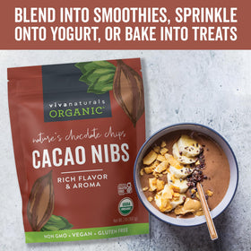 Viva Naturals cacao nibs blended into a smoothie for chocolate boost