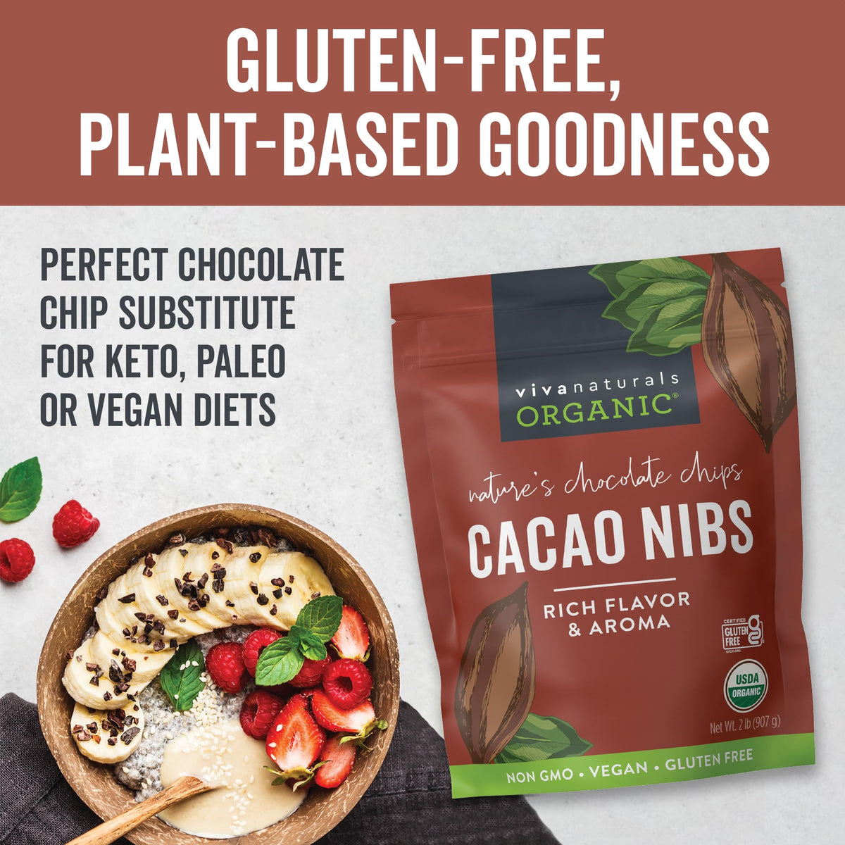 Viva Naturals cacao nibs sprinkled on yogurt as a crunchy topping