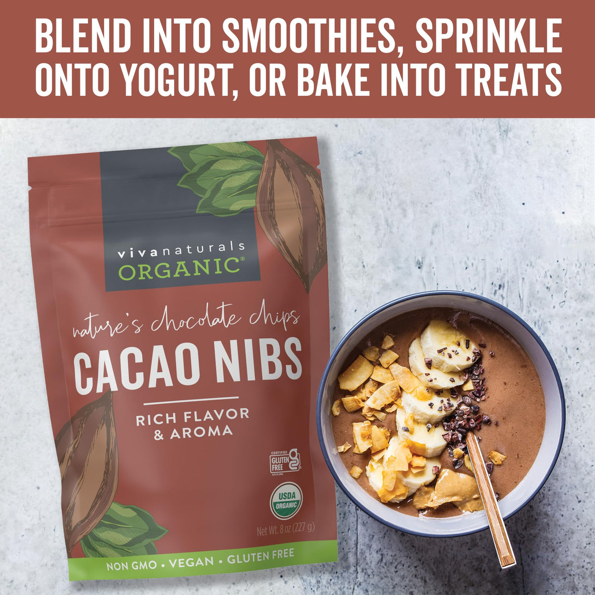 Yogurt with Viva Naturals cacao nibs as a crunchy topping