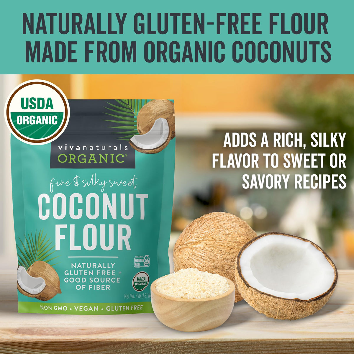Close-up of the fine Viva Naturals coconut flour texture