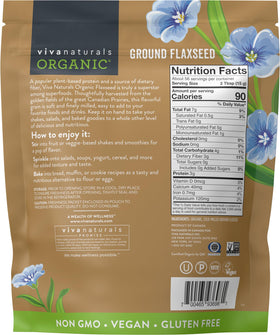 Viva Naturals flaxseed bottle on a kitchen shelf signaling organic quality.