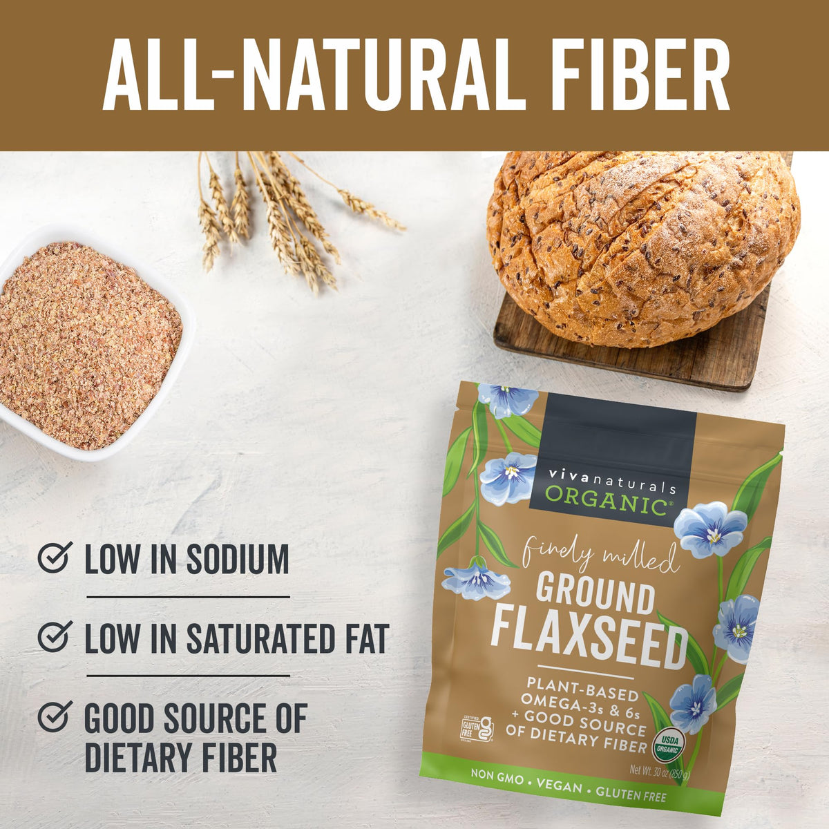 Viva Naturals flaxseed powder in a shake for plant-based protein.