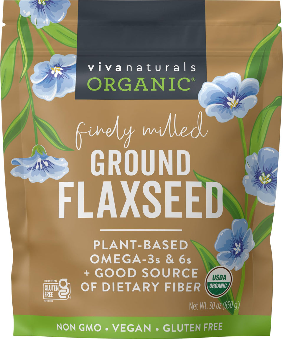 Viva Naturals ground flaxseed bag, finely milled for easy mixing and cooking.