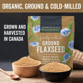 Viva Naturals ground flaxseed finely milled for quick blending into smoothies.