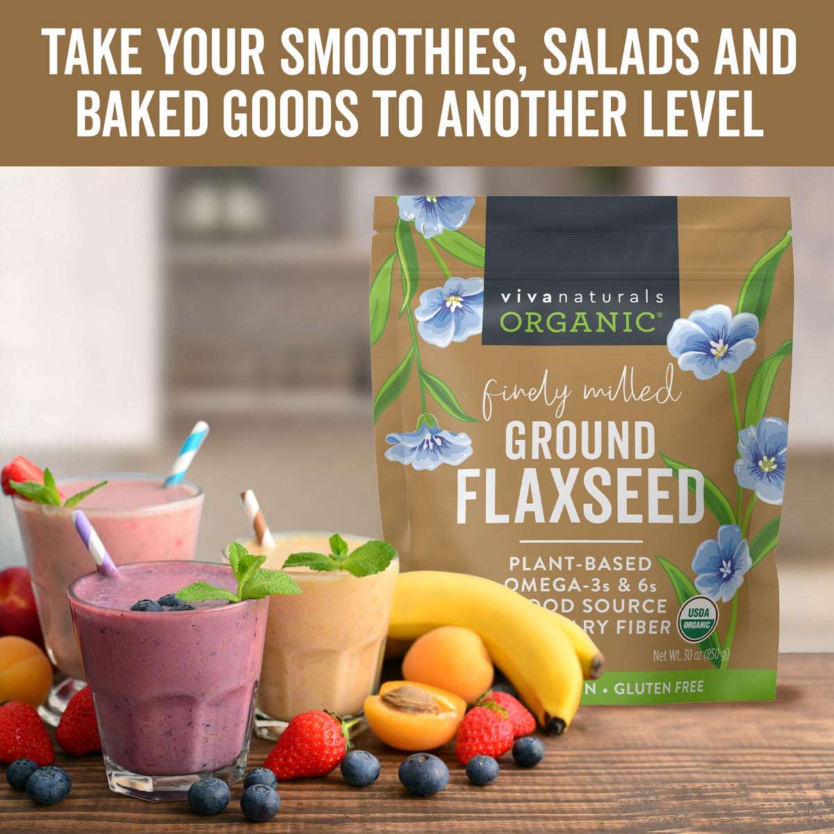 Viva Naturals flaxseed powder with scoop ready to boost fiber intake.