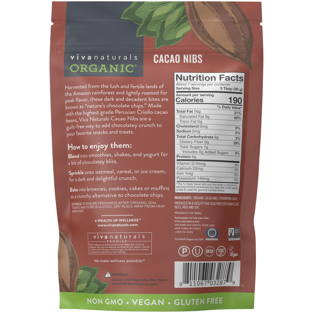 Keto-friendly Viva Naturals cacao nibs offer chocolate-like crunch