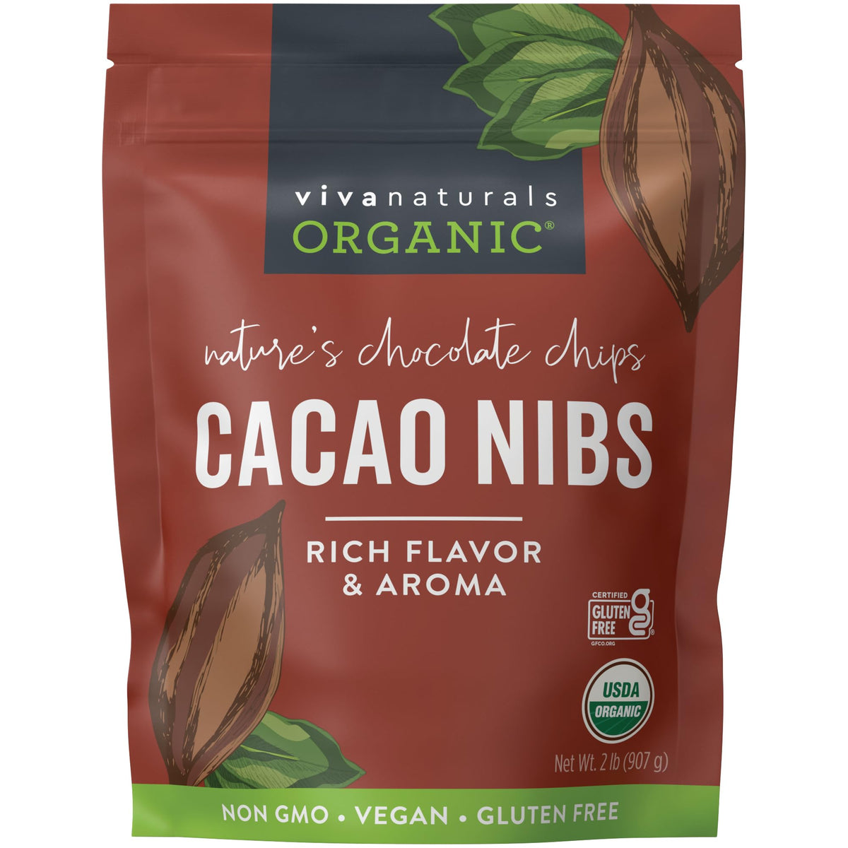 Viva Naturals organic cacao nibs pack showcasing versatile ingredient for healthy snacking