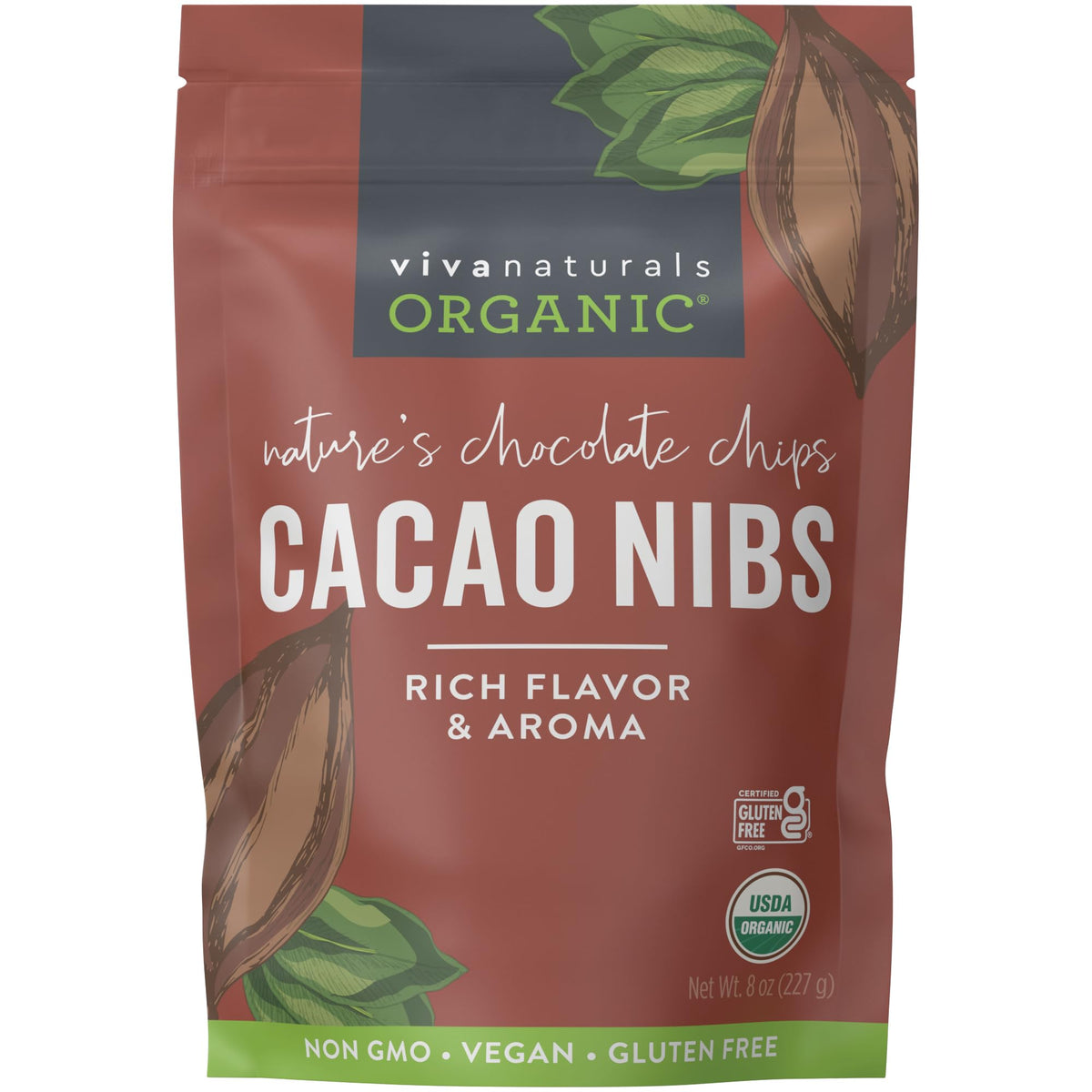 Viva Naturals cacao nibs unsweetened 8 oz, ideal for keto snacking and baking
